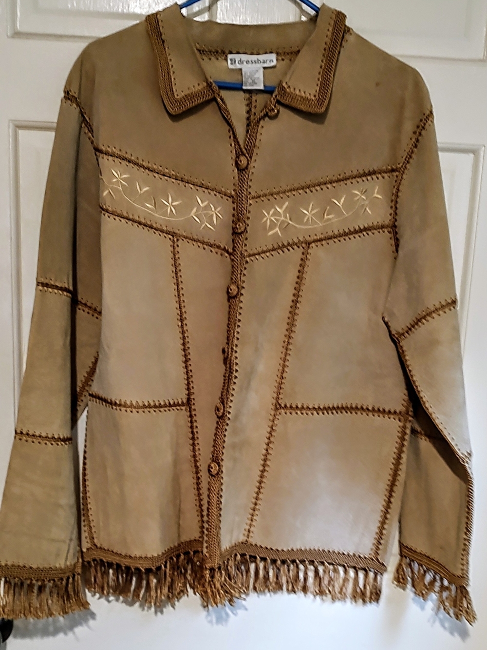 dressbarn Tan Suede Fringe Button-Up Jacket